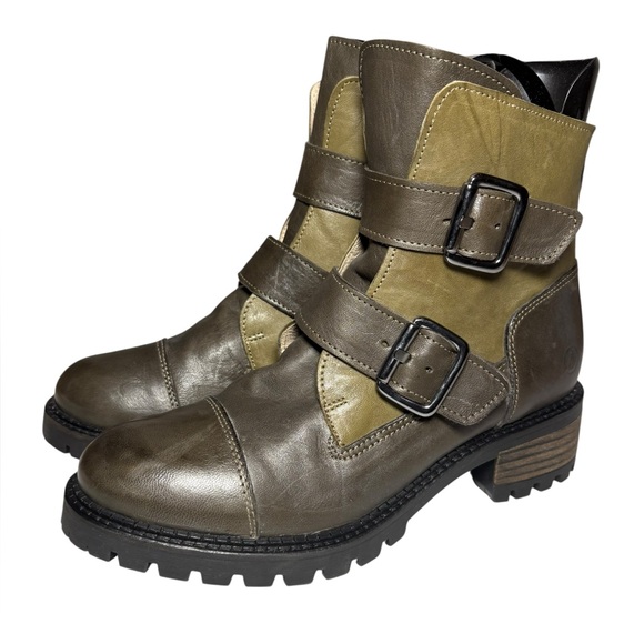 NEW Casta Olive Green Leather Ankle Boots Buckles Chunky Rubber Sole Ladies 39 - Picture 1 of 9
